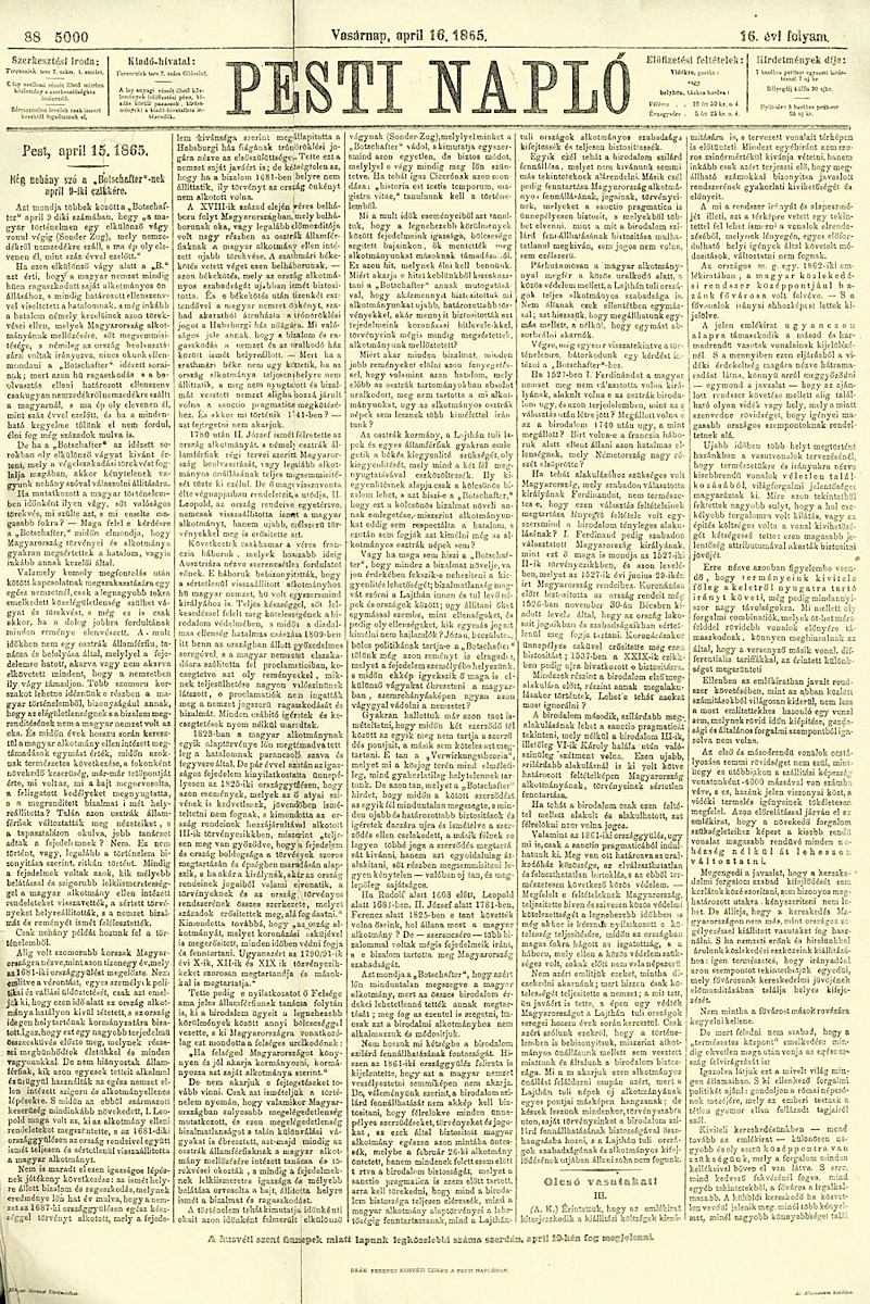 Pesti Napló 1865 április 16 Deák Ferenc húsvéti cikke